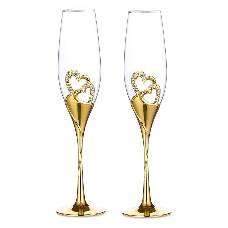 LANLONG Wedding Champagne Goblets Toasting Flute Glasses for Bride and Groom Creative Deluxe Glass Cups with Rhinestone Rimmed Heart Decoration Gift Set - Image 1
